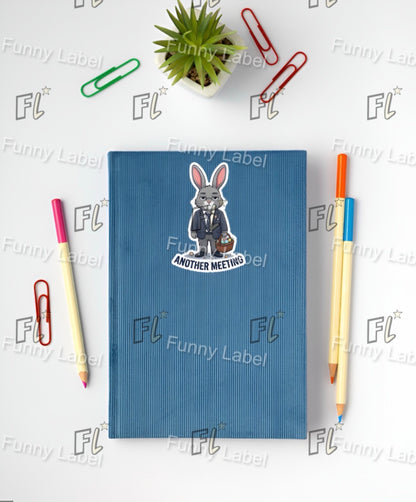 Blue notebook with a cartoon rabbit illustration on a white background with stationery items.