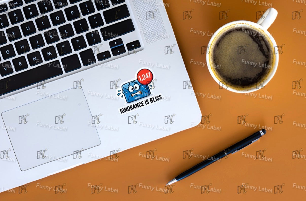 Laptop with a coffee cup and pen on a brown surface, featuring 'Funny Label' branding.