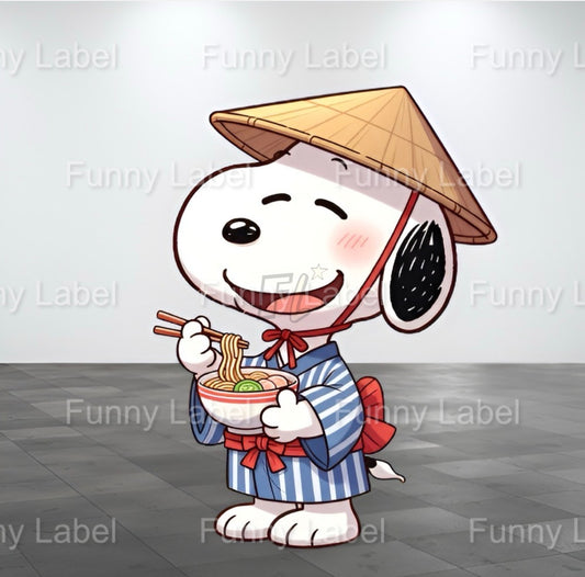 Kawaii Snoopy Ramen Sticker | Peanuts Dog in Kimono and Conical Hat | Vinyl Decal Gift for Foodies