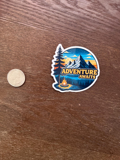 Adventure Awaits Camping Sticker | Outdoorsy Mountain Decal | Campfire Art | Wanderlust Vinyl | Nature Lover Gift | Motivational Laptop