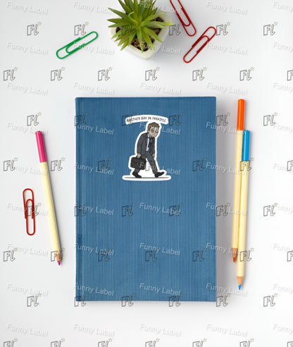Blue notebook with a graphic of a person holding a briefcase on a white background with stationery items.
