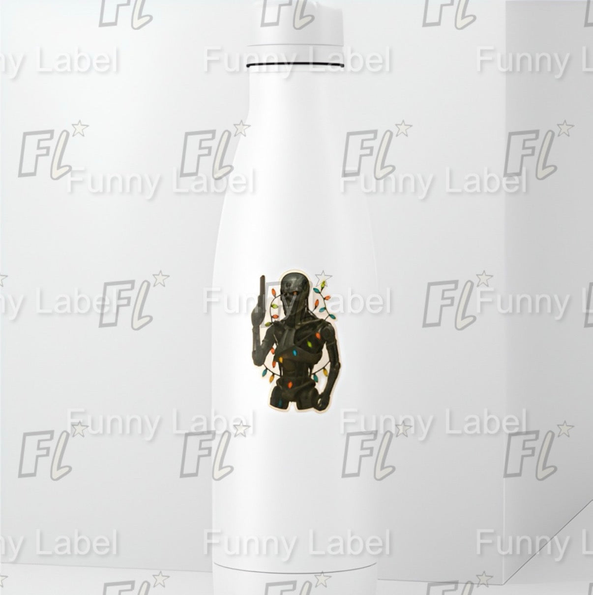 Terminator Christmas Lights Sticker – T-800 Robot Skull Holiday Label with Gun & Festive Lights