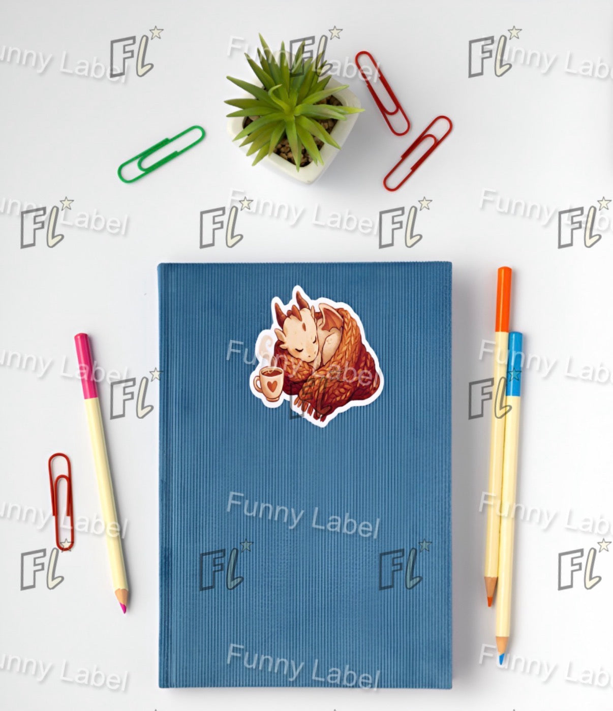 Cozy Sleeping Dragon Sticker – Fantasy Creature with Blanket & Tea