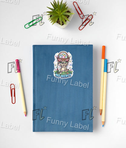 Blue notebook with a sticker on a white background with stationery items and 'Funny Label' branding.