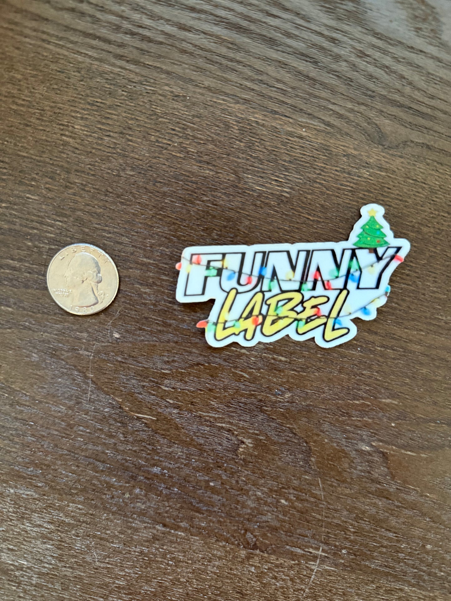 Funny Label Christmas Logo Sticker with Holiday Lights & Tree
