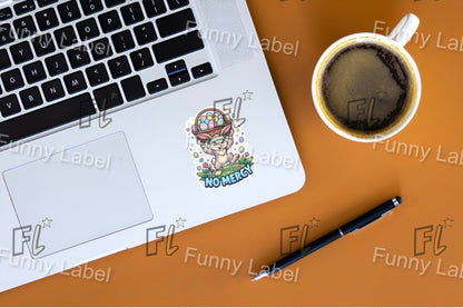 Laptop with a sticker, coffee cup, and pen on a brown surface with 'Funny Label' branding.