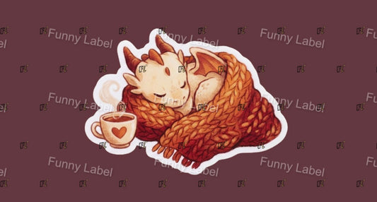 Cozy Sleeping Dragon Sticker – Fantasy Creature with Blanket & Tea