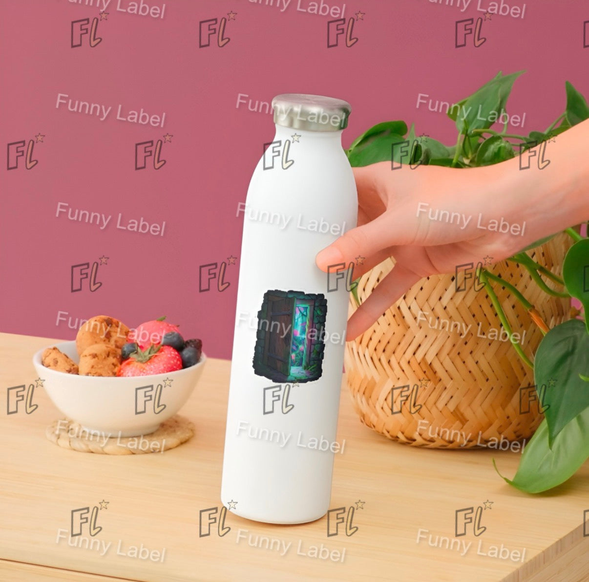 Hand holding a white bottle with a colorful label against a pink background with 'Funny Label' branding.