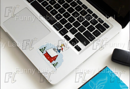 Snoopy & Woodstock Dog House Roof Sticker | Peanuts Christmas Snow Scene Decal | Classic Holiday Vinyl