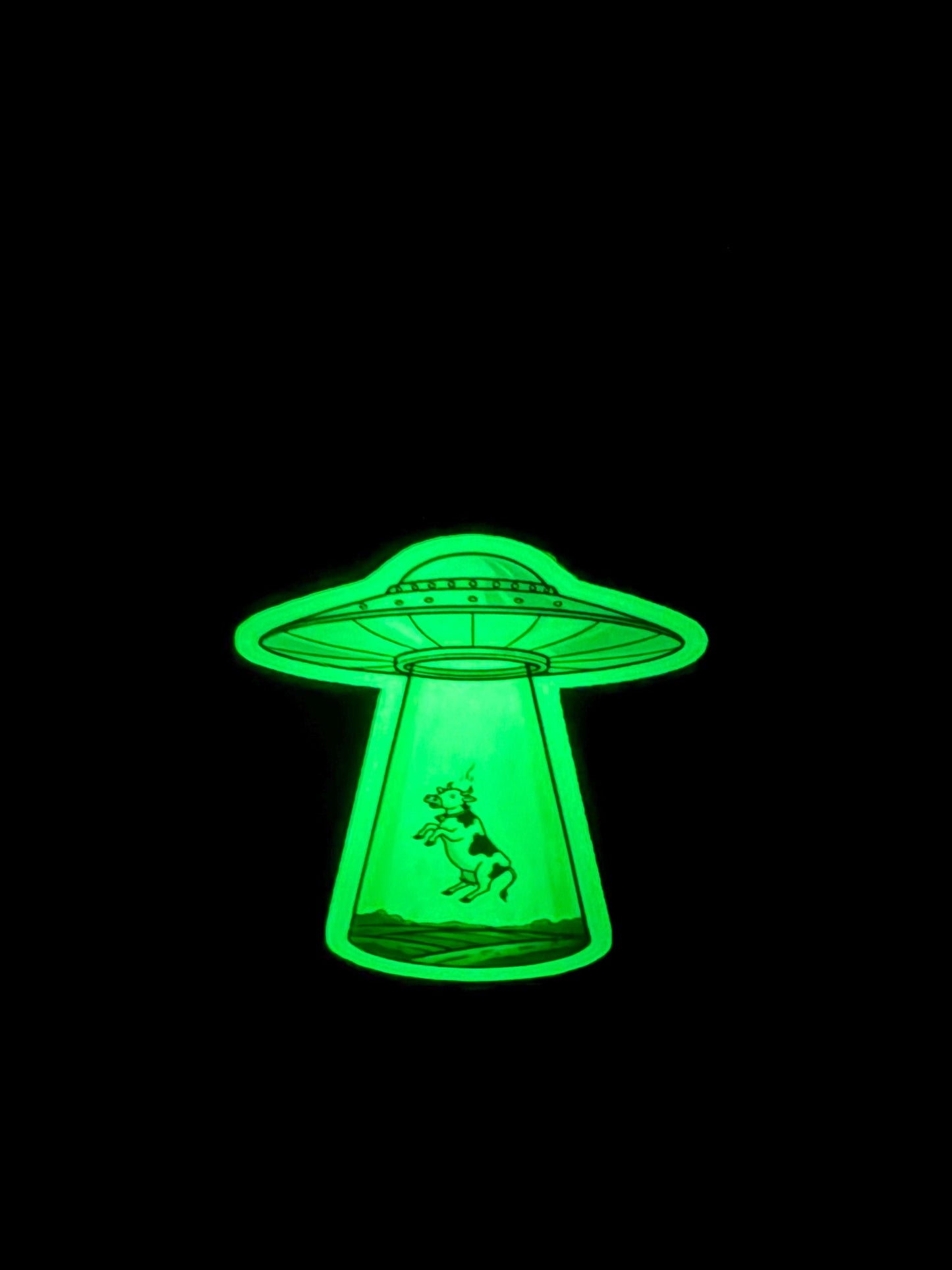 Glow in the Dark UFO Abduction Sticker | Funny Cow Alien Decal | Sci Fi Farm Art | Luminous Flying Saucer Vinyl | UV Reactive Nerd Gift |