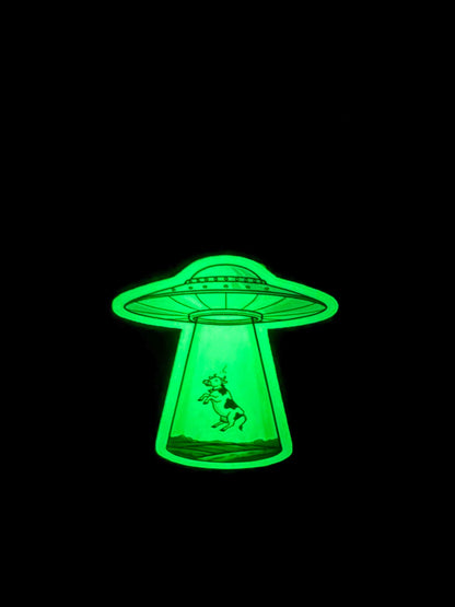 Glow in the Dark UFO Abduction Sticker | Funny Cow Alien Decal | Sci Fi Farm Art | Luminous Flying Saucer Vinyl | UV Reactive Nerd Gift |