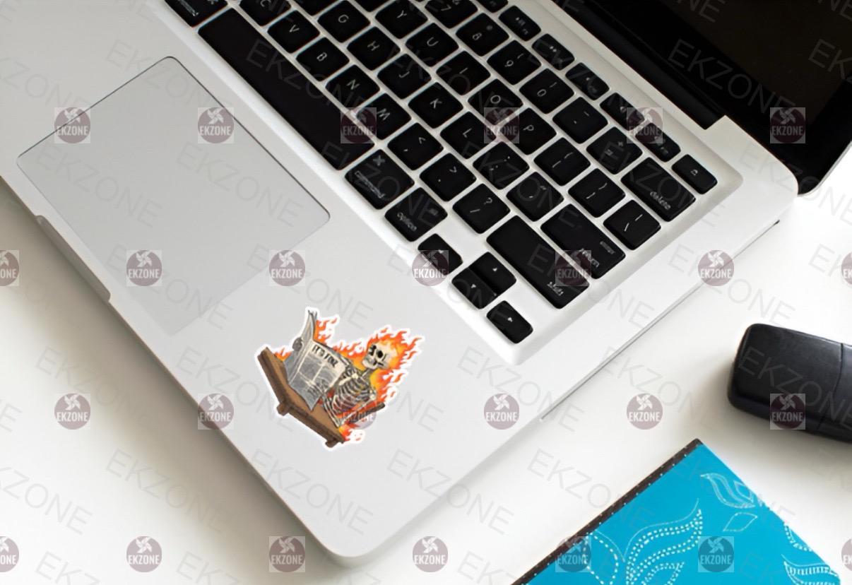 This Is Fine Skeleton On Fire Meme Sticker | Funny Dark Humor Decal | Spooky Relatable Art | Halloween Vinyl | Anxiety Humor Laptop Sticker