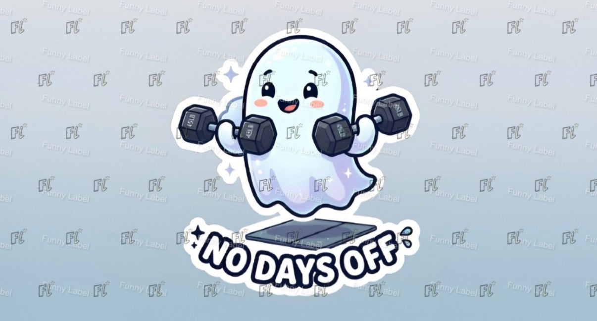 Cartoon ghost lifting weights with 'No Days Off' text on a light blue background