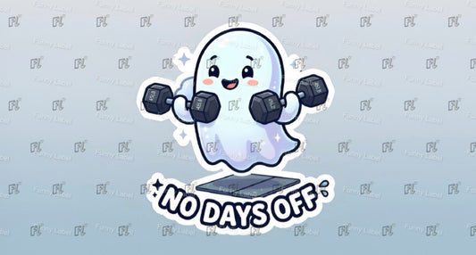 Cartoon ghost lifting weights with 'No Days Off' text on a light blue background