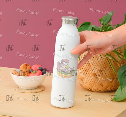 White water bottle with cartoon character label on a wooden table with a bowl of snacks and a basket.