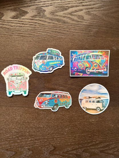 VW Bus Sticker Pack (Set of 5) - Van Life Hippie Decals - Retro Road Trip Boho Stickers for Laptop, Cooler, Bottle -Hand Made-Waterproof Stickers