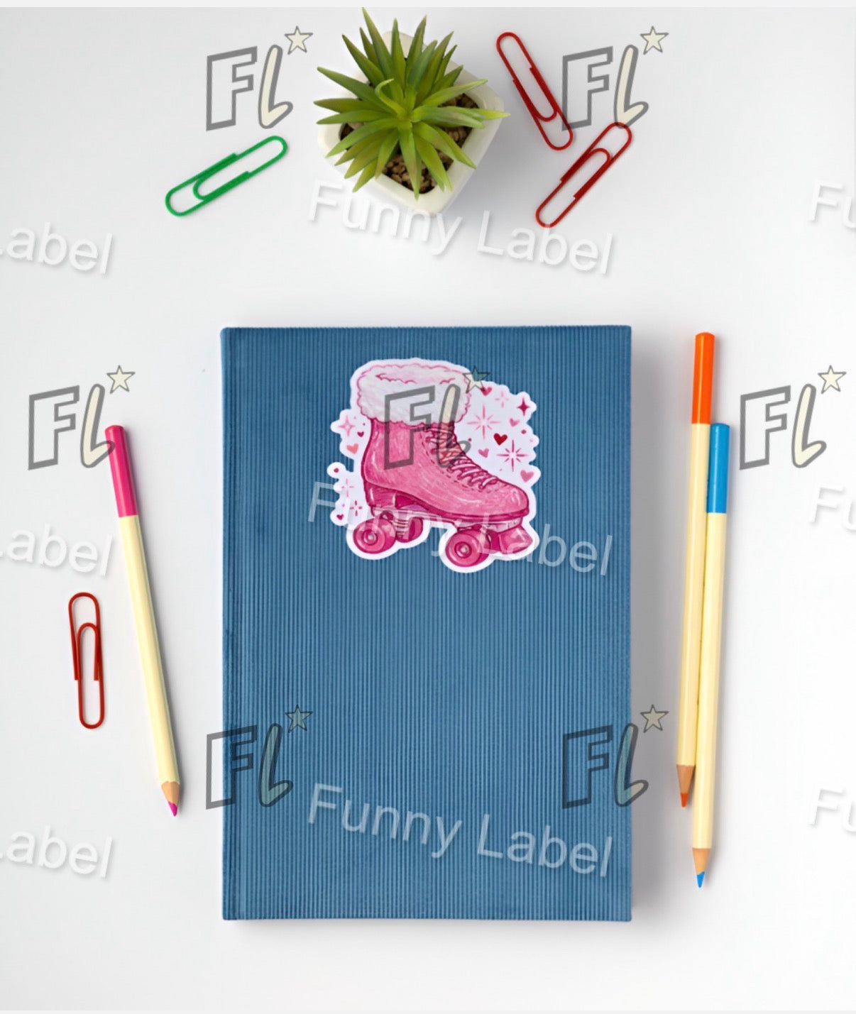 Blue notebook with a pink roller skate design on a white background with stationery items and 'Funny Label' branding.