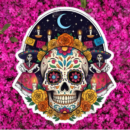 Día de los Muertos Sticker | Sugar Skull Calavera Art | Festive Skeletons Decal | Mexican Folk Art Vinyl | Day of the Dead Gift | Floral