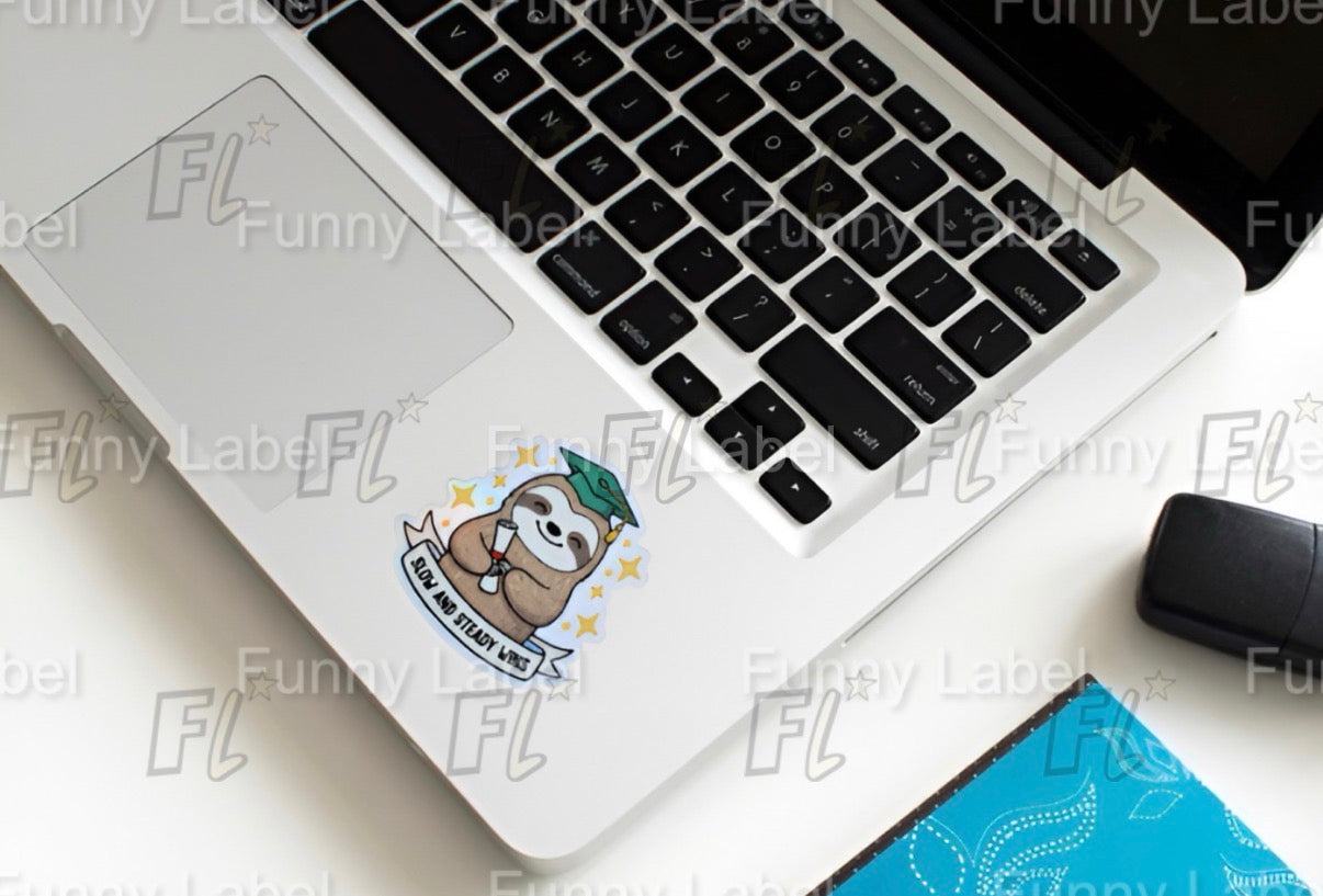 Graduation Sloth Sticker – Motivational “Slow and Steady Wins” Label for Grads & Gifts