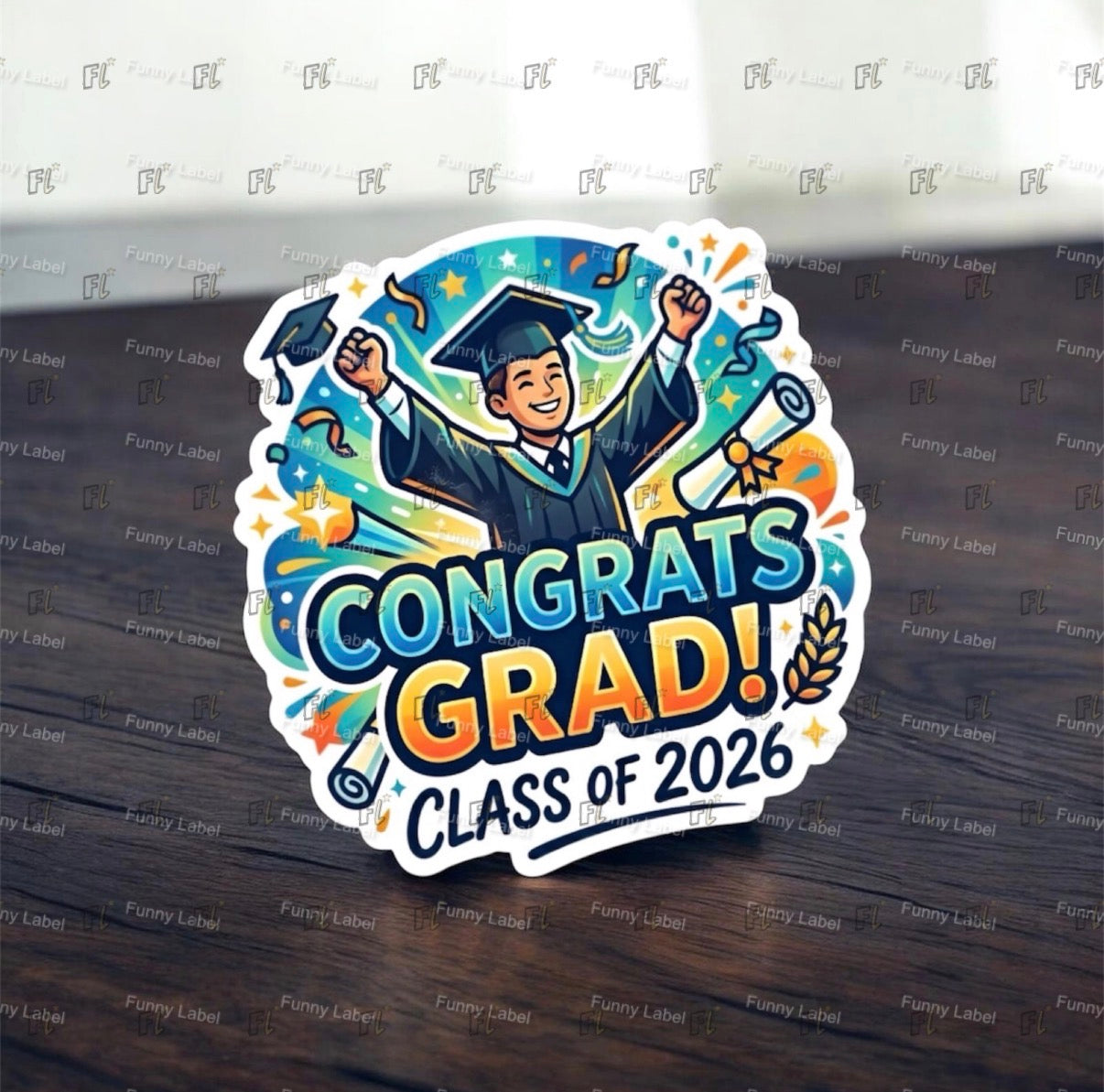 Graduation-themed sticker with 'Congrats Grad! Class of 2026' text on a wooden surface.