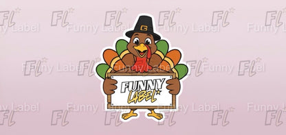 Cartoon turkey holding a sign with 'Funny Label' on a white background with 'FL' branding.
