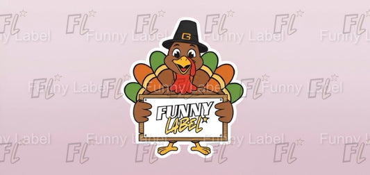 Cartoon turkey holding a sign with 'Funny Label' on a white background with 'FL' branding.