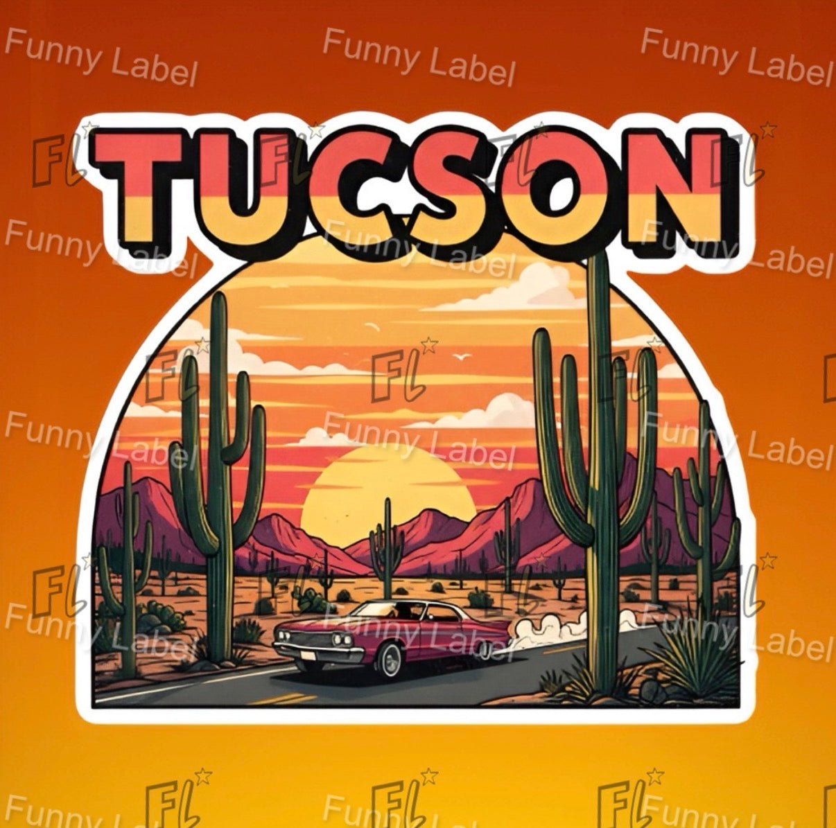 Tucson Arizona Sunset Sticker – Retro Desert Scene with Cactus & Classic Car