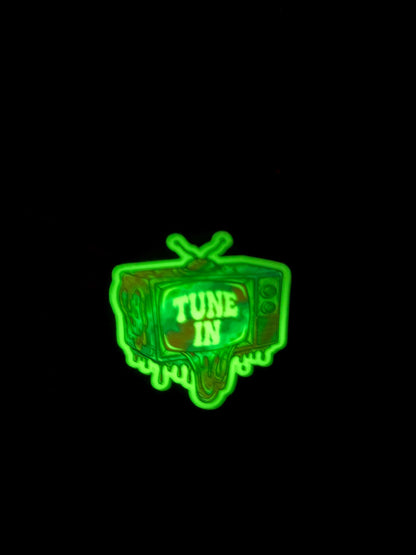 Glow in Dark Tune In TV Sticker | Psychedelic Retro Decal | Dripping Television Art | UV Reactive Pop Art | Nostalgia Gift | 80s Aesthetic
