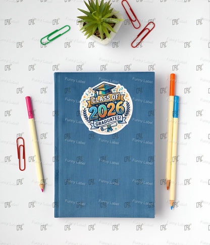 Blue notebook with 'Class of 2026 Graduates!' design on a white background with stationery items.