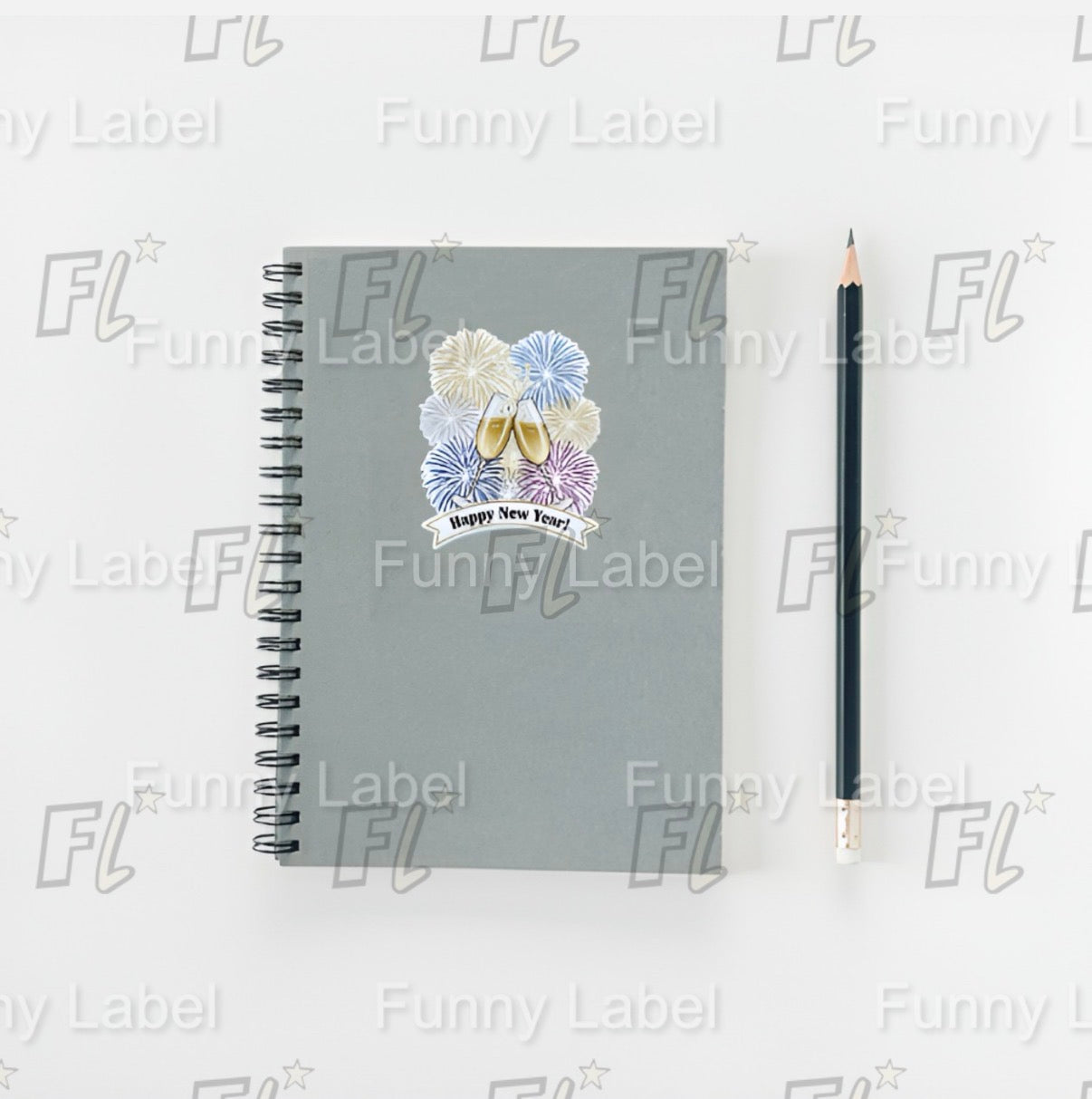 Happy New Year Champagne Sticker – Festive Label with Fireworks for Gifts & Decor