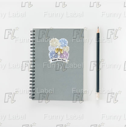 Happy New Year Champagne Sticker – Festive Label with Fireworks for Gifts & Decor