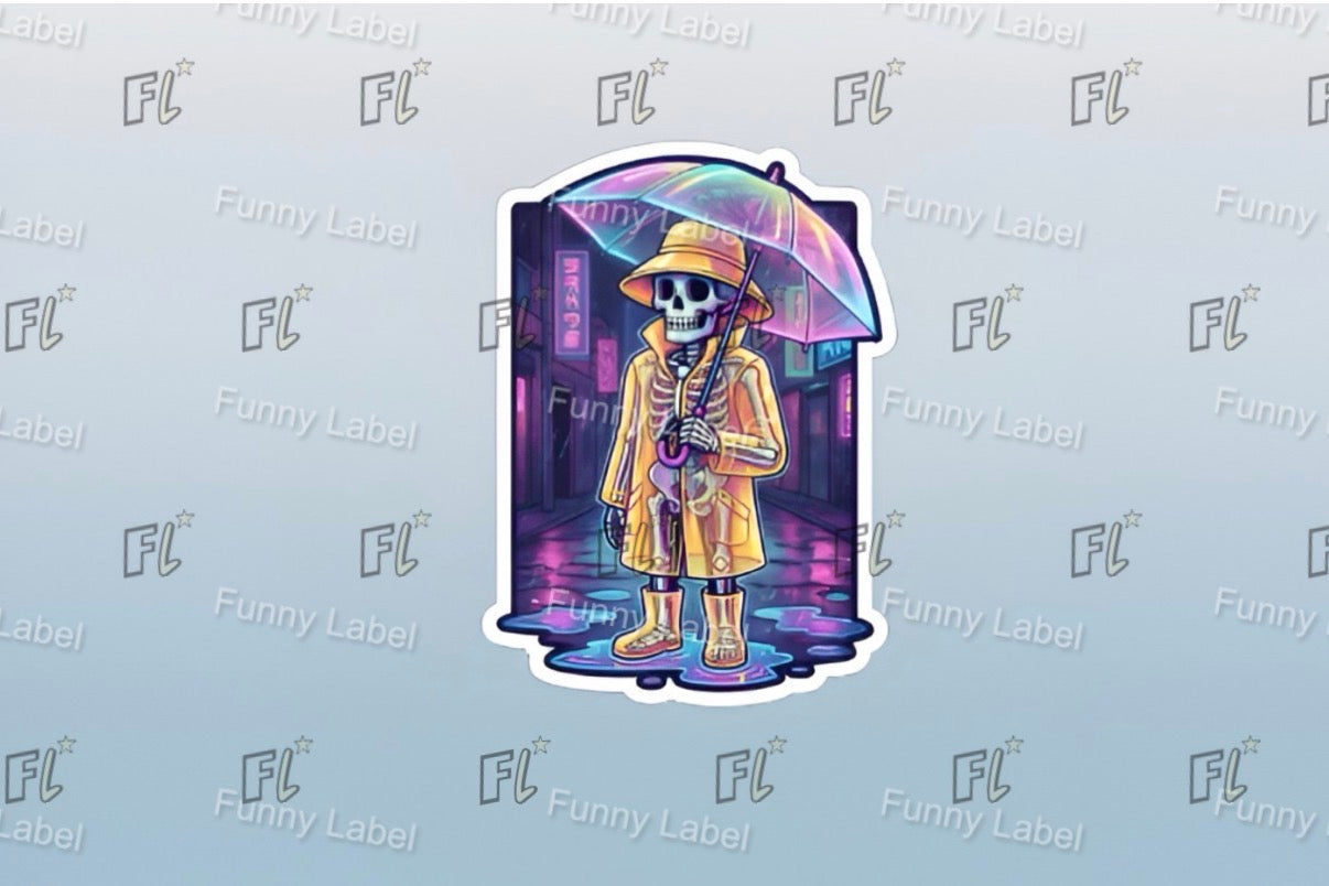 Neon Rain Glow-in-the-Dark Cyberpunk Skeleton Sticker