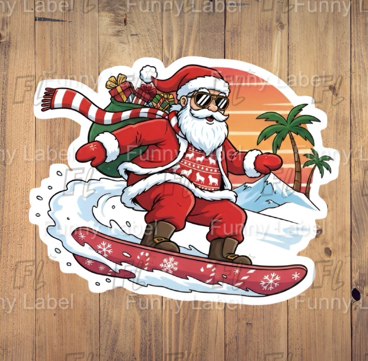 Cartoon Santa Claus snowboarding with palm trees in the background on a wooden surface.