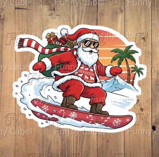 Cartoon Santa Claus snowboarding with palm trees in the background on a wooden surface.