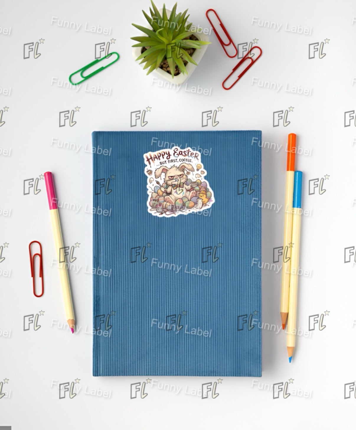 Blue notebook with a sticker, pen, and paper clips on a white background
