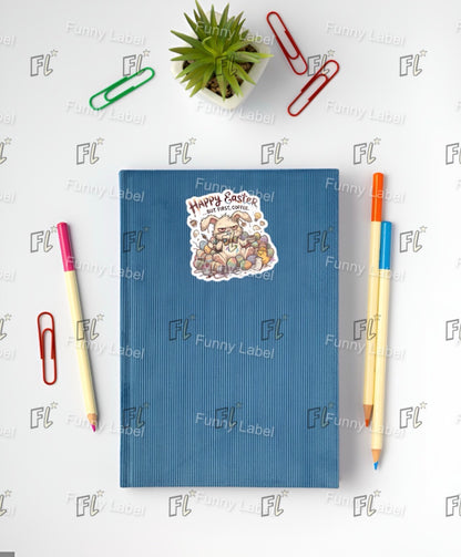 Blue notebook with a sticker, pen, and paper clips on a white background