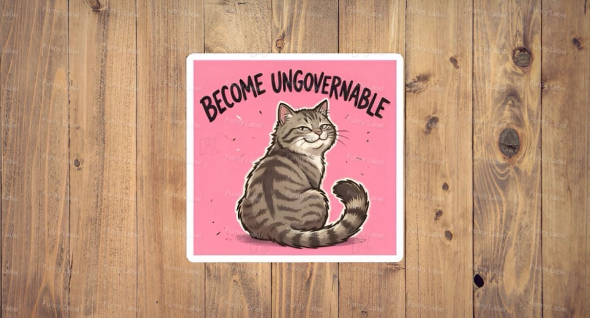 A flat, square vinyl sticker based on image.png featuring a charming cartoon illustration of a smug grey tabby cat sitting down and looking backward with a defiant, self-satisfied smile on a solid pink background under the bold arched text "BECOME UNGOVERNABLE".