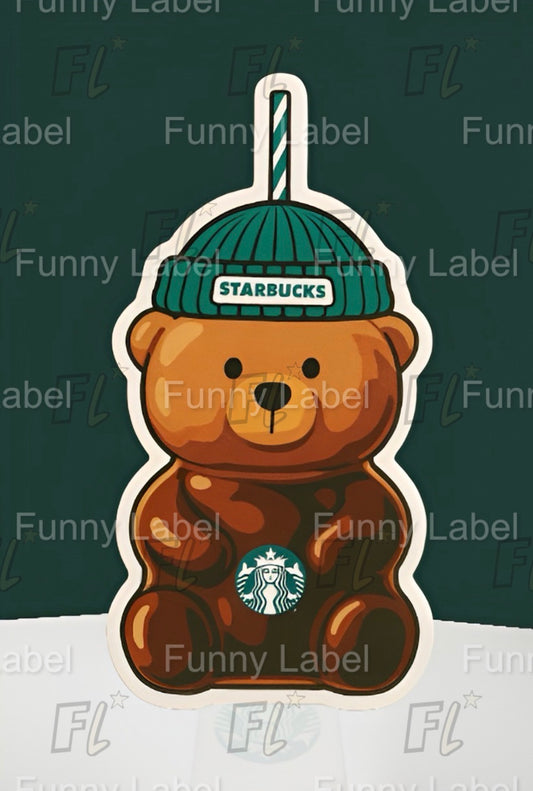 Cartoon bear with Starbucks logo wearing a green beanie on a dark green background.
