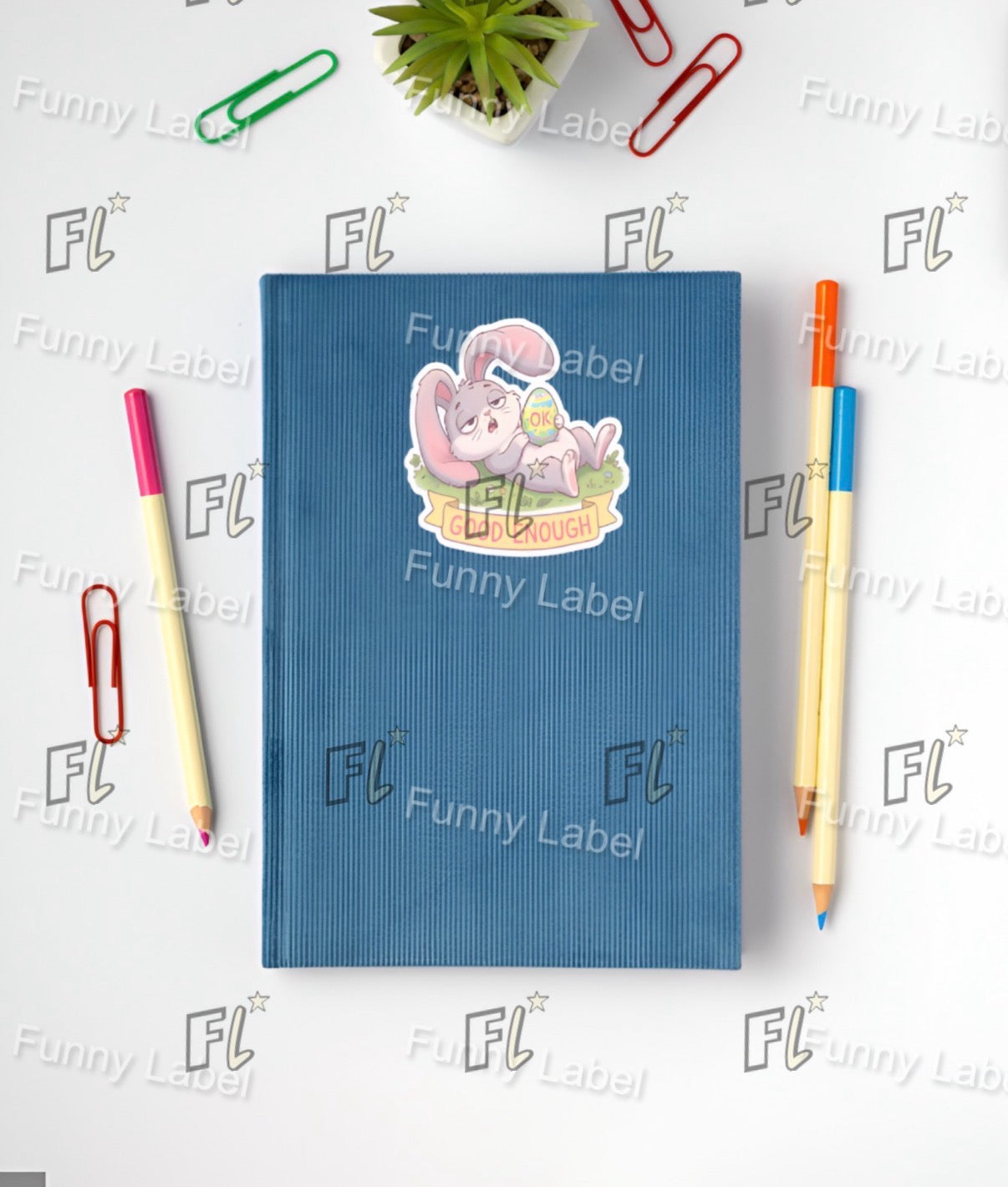Blue notebook with a cartoon design on a white background with stationery items and 'Funny Label' branding.
