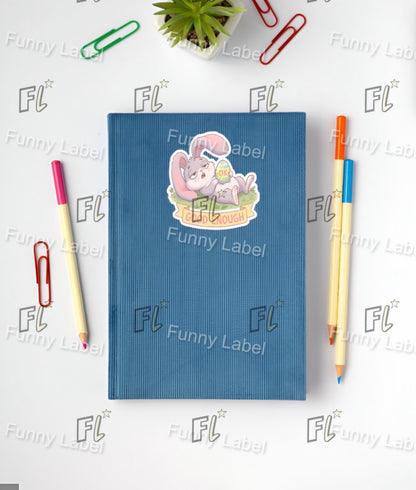 Blue notebook with a cartoon design on a white background with stationery items and 'Funny Label' branding.