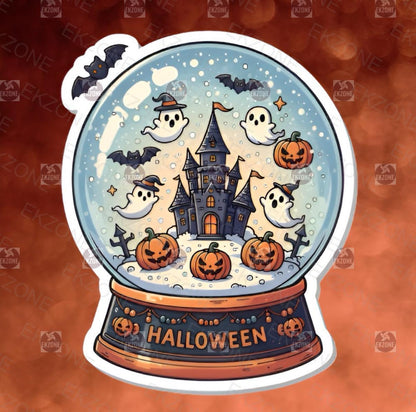 Transparent Halloween Snow Globe Sticker | Spooky Cute Ghost Decal | Haunted House Art | Pumpkin Bat Vinyl | Fall Decor Gift | Cute Witchy