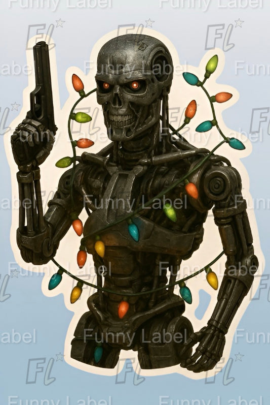 Terminator Christmas Lights Sticker – T-800 Robot Skull Holiday Label with Gun & Festive Lights