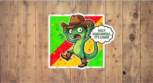 Cartoon avocado character in a cowboy outfit with a speech bubble on a wooden background