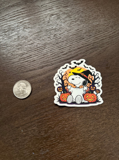Snoopy Halloween Ghost Sticker | Peanuts Witch Hat Decal | Cute Pumpkin Art | Spooky Season Vinyl | Fall Decor Gift | Nostalgic Cartoon Bat