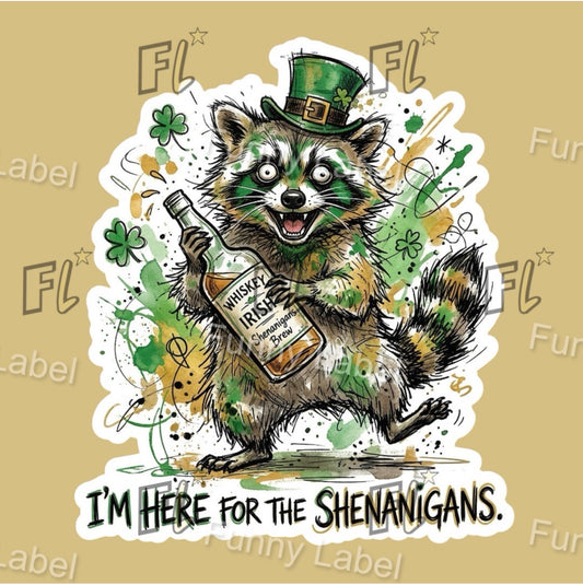 Illustration of a raccoon holding a bottle with text on a beige background