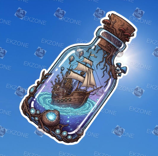 Transparent Steampunk Ship in Magic Bottle Sticker | Clear Vinyl Fantasy Nautical Decal | Whimsical Crystal Art | Adventure Ship Vinyl | Uni