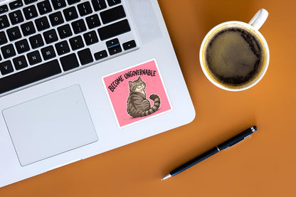 Laptop with a sticker, coffee cup, and pen on a wooden surface