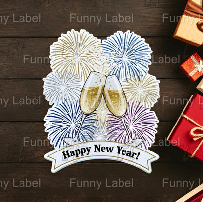 Sticker with champagne glasses and fireworks on a wooden background, featuring 'Happy New Year!' text.