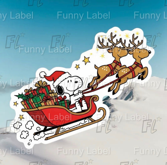 Snoopy Christmas Sticker - Santa Sleigh & Reindeer Peanuts Holiday Decal