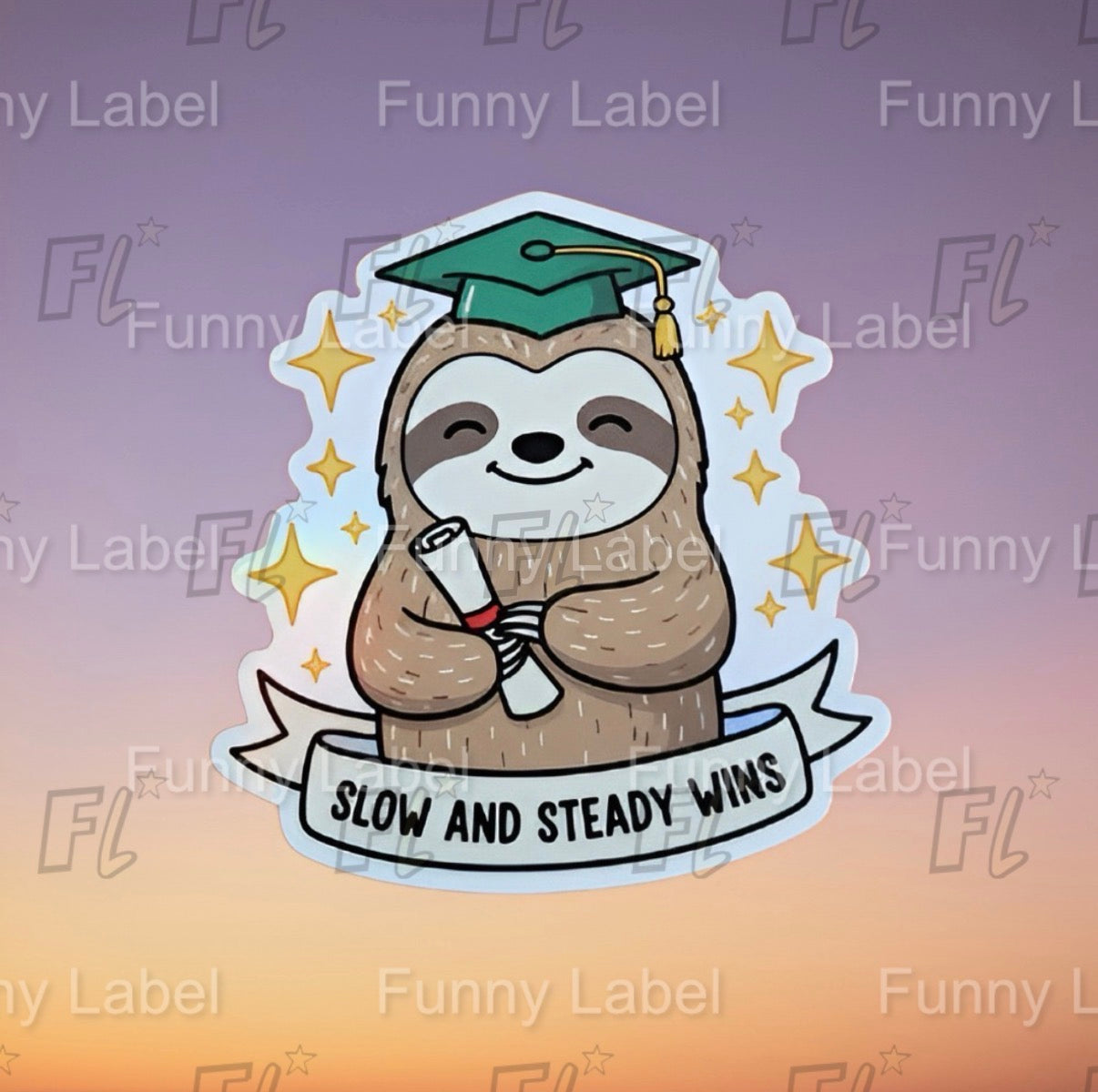 Cartoon sloth graduation sticker with diploma, stars, and “Slow and Steady Wins” banner